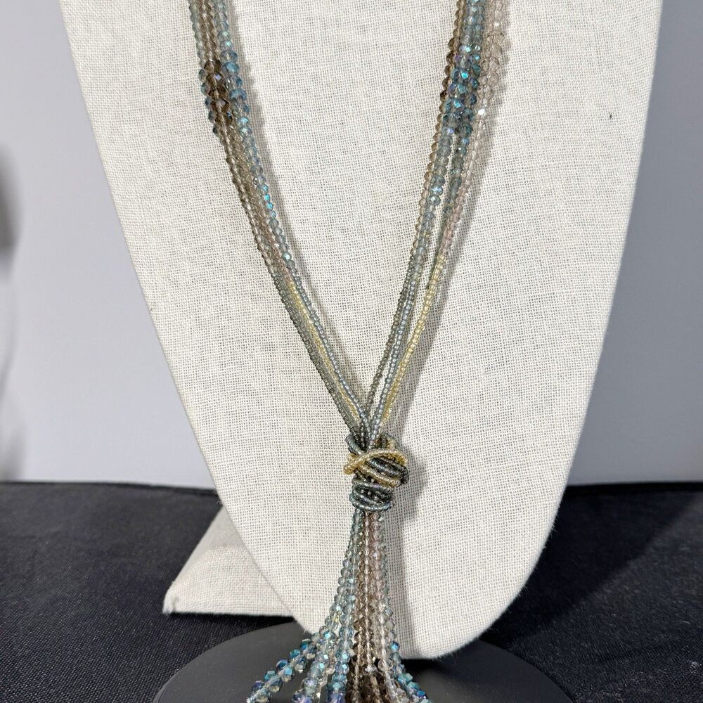 Aurora Borealis Crystal Long Tassel Multi Strand Beaded Lariat Necklace